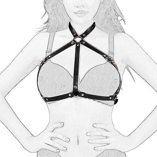 SUPKTHDY Harness Damen Oberkörper Brustgurte Leder Body Harness Lingerie Geschirre Einstellbar Cupless Dessous BH Gothic Korsett Oberteil Erotik Reizwäsche Sexy Outfit für Damen Schwarz von SUPKTHDY