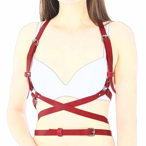 SUPKTHDY Damen Punk Taillengürtel Leder Körperketten Rot Einstellbar Erotik Dessous BH Fetisch Lingerie Gothic Oberkörper Brustgurte Korsett Gürtel Fesseln für Frau Rave Outfit von SUPKTHDY