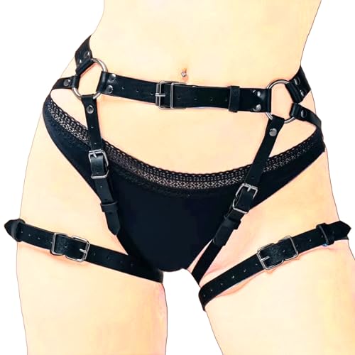 SUPKTHDY Harness Damen Leder Sexy Punk Gothic leder Harness Taille Bein käfigbetten Geschirr Strumpfband Gürtel Erotische Reizwäsche Schenkel Kette BDSM Bondage für Frauen von SUPKTHDY