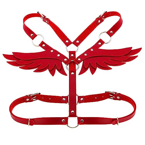 SUPKTHDY Leder Harness Damen SM Sexy Aushöhlen Leder BH Fetisch Body Brustgurt Punk Gürtel Geschirre mit Engelsflügel Erotik Dessous Damen Cosplay Party Rave Outfit Clubwear Rot von SUPKTHDY