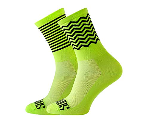 SUPPORT Herren Radsocken atmungsaktive Technologie rutschfeste Faser Unisex lustige Muster Radfahrer Zubehör für Wandern Laufen Klettern Radfahren Essentials, Zig Zag Lime, Größe 39-41 EU von Support