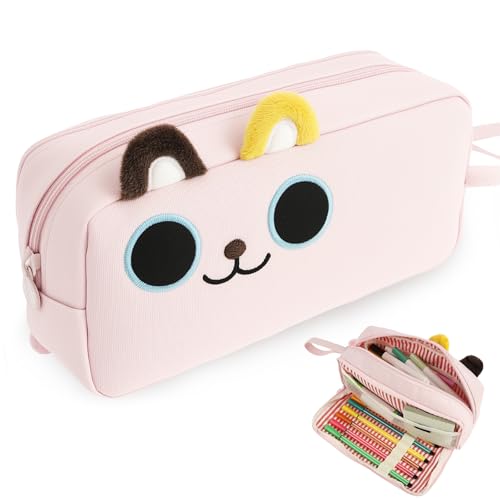 Federmäppchen Mehrlagig, Federmäppchen Bleistiftetui Cartoon Bleistiftkoffer mit Gestickten Tiergestaltung mit Großer Kapazitätsbeutel mit internem Fach und Mesh Tasche für Schüler Kosmetiktasche von SUPPUIMNT