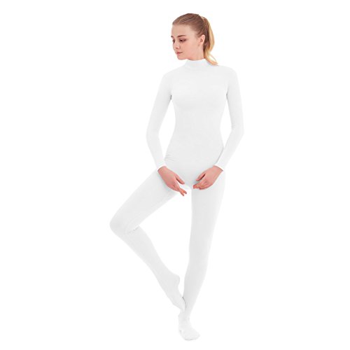 SUPRNOWA Unisex Mock Rollkragen Lycra Spandex Langarm Ganzanzug (L, Weiß mit Fuß) von SUPRNOWA