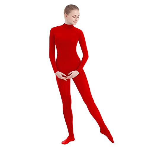 SUPRNOWA Unisex Mock Rollkragen Lycra Spandex Langarm Ganzanzug (XXL, Rot mit Fuß) von SUPRNOWA