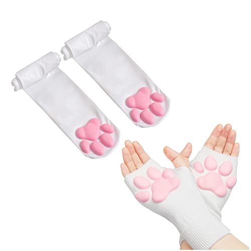 Overknee-Strümpfe und lange, fingerlose Handschuhe mit Katzenpfoten, niedlich, weich, 3D-Katzenpfote, für Mädchen und Damen, Lolita-Cosplay-Set, Weiße Socken und kurze Handschuhe von SUPTEC