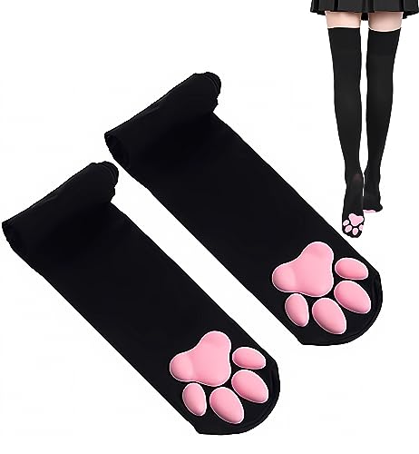 Overknee-Strümpfe und lange, fingerlose Handschuhe mit Katzenpfoten, niedlich, weich, 3D-Katzenpfote, für Mädchen und Damen, Lolita-Cosplay-Set, Schwarze Socken, Medium von SUPTEC