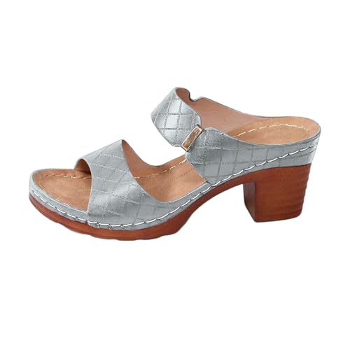 Damen Pantoletten mit Blockabsatz Sandalen Sommerschuhe mit Gepolsterter Innensohle Gestepptes Clogs mit Absatzschuhe usa Metallschnalle Offene Zehenpartie rutschfeste Sohle Hausschuhe von SUPTTING