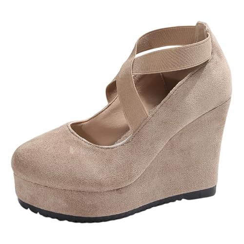 Damen Plateauschuh Bequem Stilvoll Mary Jane Keilabsatz Verstellbarer Riemen Keilschuh Vintage Retro Wildleder-Optik Runde Kappe Pumps für Büro von SUPTTING