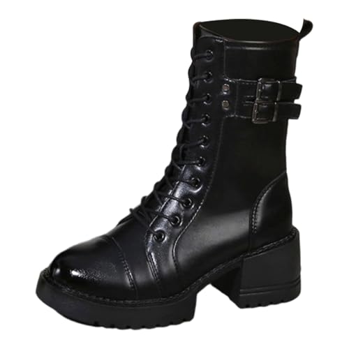 Herbst Damen Schnürstiefel Robust Modisch Combat Boots Seitlicher Reißverschluss Profilsohle Stiefelette Gothic Militärstil Bikerstiefel Schnallen-Detail Blockabsatz für Festival von SUPTTING