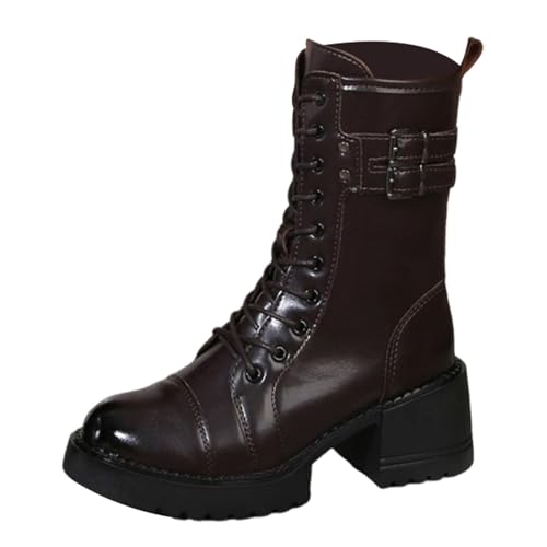 Herbst Damen Schnürstiefel Robust Modisch Combat Boots Seitlicher Reißverschluss Profilsohle Stiefelette Gothic Militärstil Bikerstiefel Schnallen-Detail Blockabsatz für Festival von SUPTTING