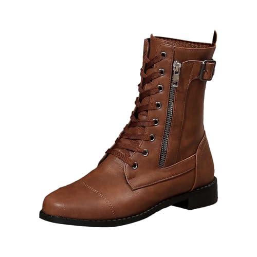 Herbst Damen Schnürstiefel Robust Modisch Schuh Blockabsatz Seitlicher Reißverschluss Stiefelette Vintage Lässig Profilsohle Ziernähte Combat Boot für Alltag von SUPTTING