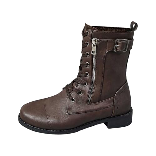 Herbst Damen Schnürstiefel Robust Modisch Schuh Blockabsatz Seitlicher Reißverschluss Stiefelette Vintage Lässig Profilsohle Ziernähte Combat Boot für Alltag von SUPTTING