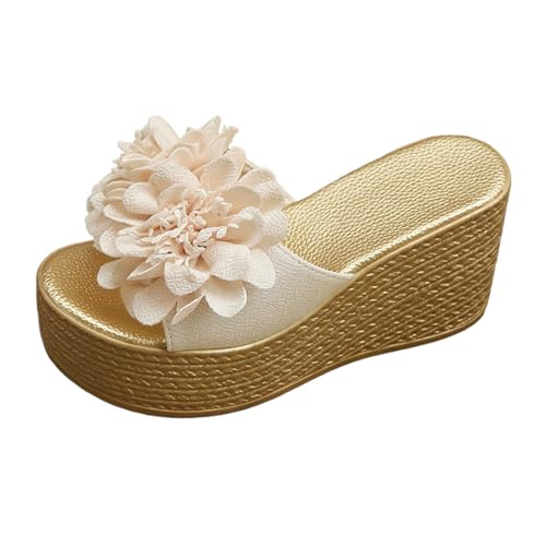 SUPTTING Boho Romantisch Damen Plateau-Pantolette Bequem Elegant Keilsandale Keilabsatz Offene Form Sommerschuh Stoffblumen-Applikation Rutschfeste Sohle Slipper Sommer für Gartenparty von SUPTTING