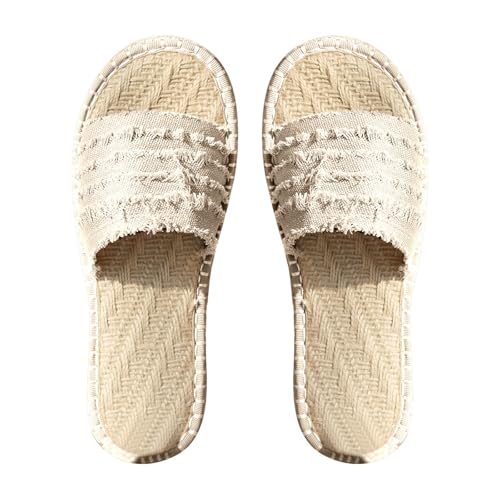 SUPTTING Damen Espadrille Pantoffeln Leinen Sohle Hausschuhe Fransen Streifen Flache Sandalen Schlappen Atmungsaktive Strandschuhe Rutschfeste Freizeitschuhe Handgefertigte Pantoletten von SUPTTING