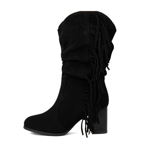 SUPTTING Damen Fransenstiefel Modisch Auffällig Stiefel Flacher Absatz Schlupfform Stiefelette Boho Western Fransen Wildleder-Optik Cowboystiefel Herbst für Festival von SUPTTING