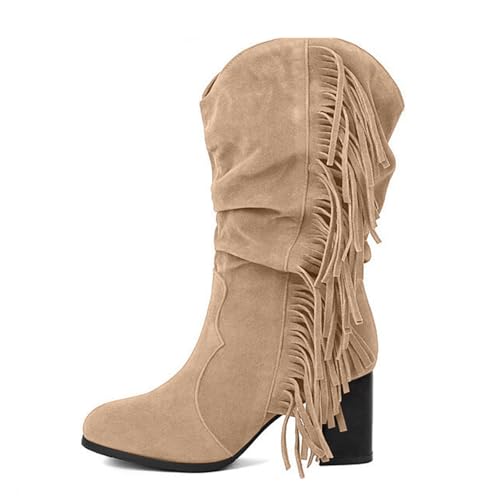 SUPTTING Damen Fransenstiefel Modisch Auffällig Stiefel Flacher Absatz Schlupfform Stiefelette Boho Western Fransen Wildleder-Optik Cowboystiefel Herbst für Festival von SUPTTING