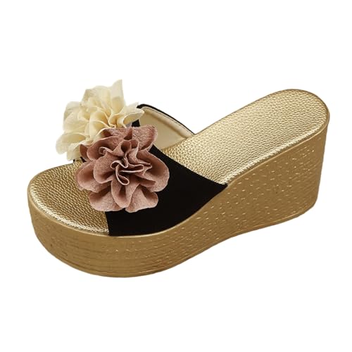 SUPTTING Damen Keilsandale Erhöht Bequem, Plateauschuh Offene Zehenpartie Keilabsatz, Pantolette Boho Elegant Blumenapplikation Strukturierte Sohle Wedges Sommer für Urlaub von SUPTTING