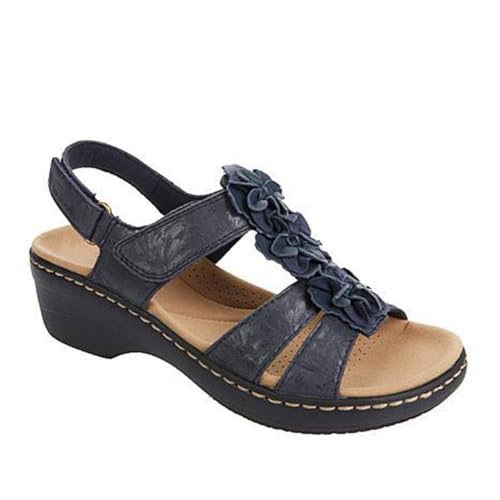 SUPTTING Damen Keilsandalen Blumen T-Riemen Mehrere Riemen Fersenriemen Keilabsatz Anti-Rutsch Sohle Komfort Fußbett Nahtlinie Freizeitschuhe Strandschuhe Alltagsschuhe Gehschuhe Sommer von SUPTTING