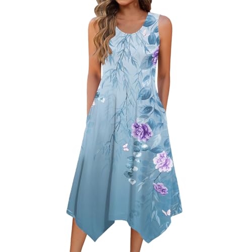 SUPTTING Damen Kleid Ärmellos Rundhals Asymmetrischer Saum Zipfelkleid Midikleid Sommerkleid mit Taschen Freizeitkleid Leicht Luftig Lässig Elegant Boho Strandkleid Tunika Chic von SUPTTING