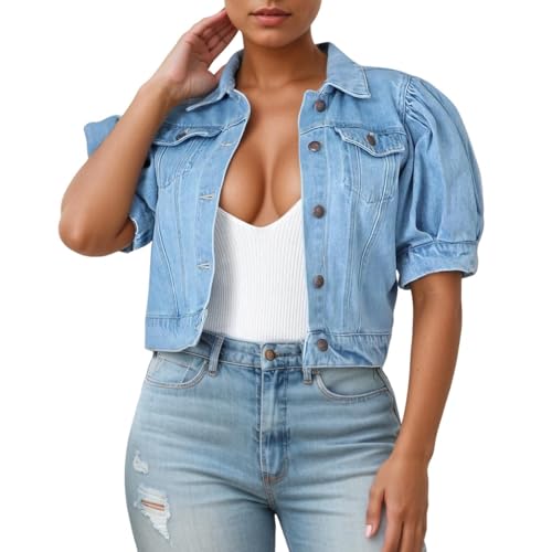 SUPTTING Damen Kurze Jeansjacke mit Puffärmeln Knopfleiste, Modische Cropped Denim Jacke Kurzarm mit Kragen, Leichte Sommerjacke Übergangsjacke Jeansbluse Truckerjacke Bolero für Mädchen von SUPTTING