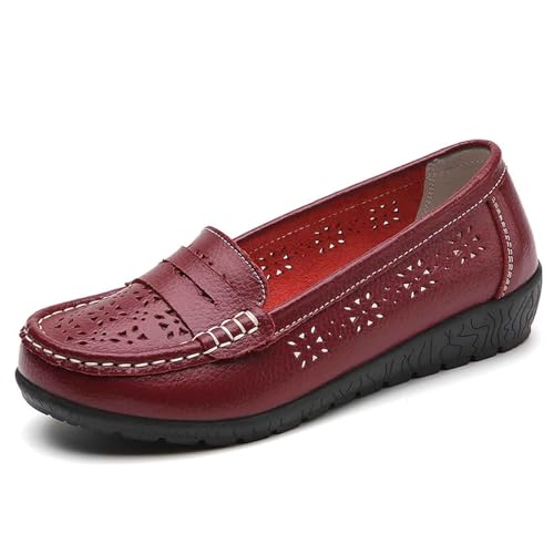SUPTTING Damen Mokassins Leder Loafers Atmungsaktiv Durchbrochenes Muster Flache Schuhe Weiche Sohle Bequeme Slipper Freizeitschuhe Leichte Fahren Schuhe Slip-On Halbschuhe für Alltag Büro von SUPTTING