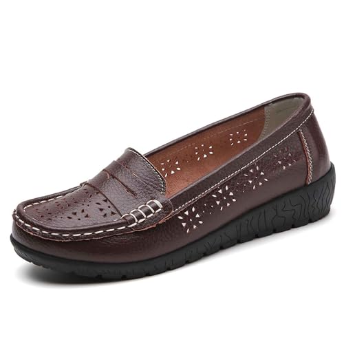 SUPTTING Damen Mokassins Leder Loafers Atmungsaktiv Durchbrochenes Muster Flache Schuhe Weiche Sohle Bequeme Slipper Freizeitschuhe Leichte Fahren Schuhe Slip-On Halbschuhe für Alltag Büro von SUPTTING