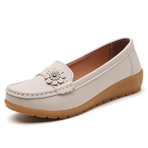 SUPTTING Damen Mokassins mit Blumenverzierung Leder Loafers Flache Schuhe Weiche Sohle Handgenähte Slippers Bequeme Fahrschuhe Slip-On Halbschuhe für Alltag Büro von SUPTTING