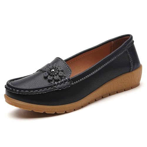 SUPTTING Damen Mokassins mit Blumenverzierung Leder Loafers Flache Schuhe Weiche Sohle Handgenähte Slippers Bequeme Fahrschuhe Slip-On Halbschuhe für Alltag Büro von SUPTTING