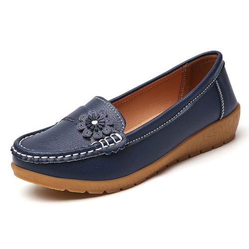 SUPTTING Damen Mokassins mit Blumenverzierung Leder Loafers Flache Schuhe Weiche Sohle Handgenähte Slippers Bequeme Fahrschuhe Slip-On Halbschuhe für Alltag Büro von SUPTTING