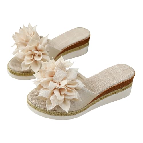 SUPTTING Damen Pantolette Bequem Elegant Slipper Flacher Absatz Offene Form Sandale Romantisch Boho Stoffblumen-Applikation Rutschfeste Sohle Hausschuh Sommer für Hochzeit von SUPTTING