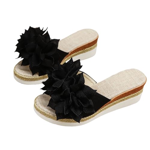 SUPTTING Damen Pantolette Bequem Elegant Slipper Flacher Absatz Offene Form Sandale Romantisch Boho Stoffblumen-Applikation Rutschfeste Sohle Hausschuh Sommer für Hochzeit von SUPTTING