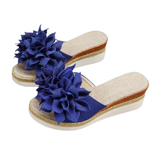 SUPTTING Damen Pantolette Bequem Elegant Slipper Flacher Absatz Offene Form Sandale Romantisch Boho Stoffblumen-Applikation Rutschfeste Sohle Hausschuh Sommer für Hochzeit von SUPTTING