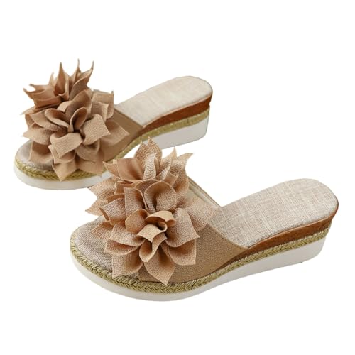 SUPTTING Damen Pantolette Bequem Elegant Slipper Flacher Absatz Offene Form Sandale Romantisch Boho Stoffblumen-Applikation Rutschfeste Sohle Hausschuh Sommer für Hochzeit von SUPTTING