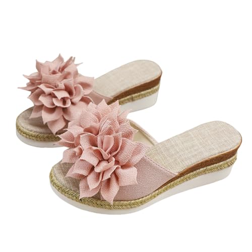 SUPTTING Damen Pantolette Bequem Elegant Slipper Flacher Absatz Offene Form Sandale Romantisch Boho Stoffblumen-Applikation Rutschfeste Sohle Hausschuh Sommer für Hochzeit von SUPTTING