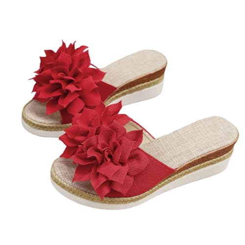 SUPTTING Damen Pantolette Bequem Elegant Slipper Flacher Absatz Offene Form Sandale Romantisch Boho Stoffblumen-Applikation Rutschfeste Sohle Hausschuh Sommer für Hochzeit von SUPTTING