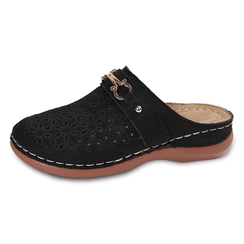 SUPTTING Damen Pantoletten Durchbrochenes Blumenmuster Metallschnalle Mule Schuhe Flacher Absatz Runde Zehenkappe Freizeitschuhe Hausschuhe Strandschuhe Gehschuhe Schuhe Sommer Vintage von SUPTTING