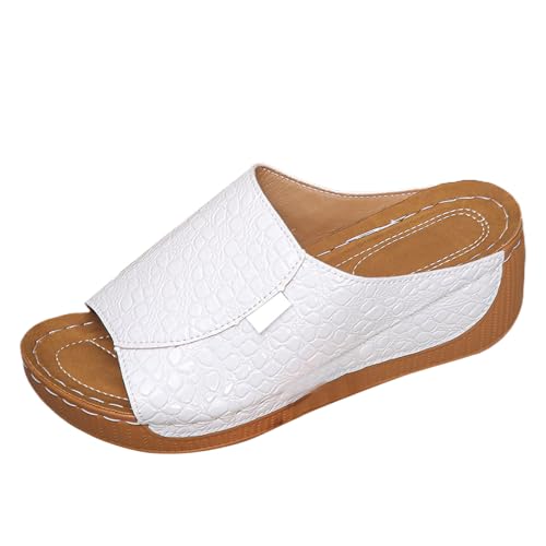 SUPTTING Damen Pantoletten Krokodil Flache Sandalen Bequem Rutschfest Gummisohle Hausschuhe Silber Weiß Dunkelblau Sommer Strand Urlaub Elegant Casual Slipper Badeschuhe Weich Atmungsaktiv von SUPTTING