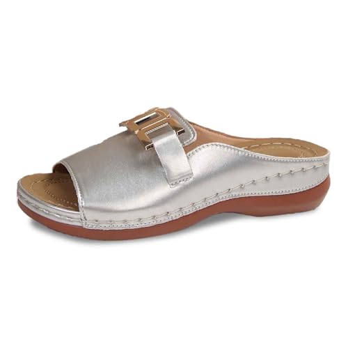 SUPTTING Damen Pantoletten Metallschnalle Offene Zehen Flache Sohle Rutschfeste Gummisohle Leicht Bequem Freizeitschuhe Hausschuhe Strandschuhe Atmungsaktiv Weich für Frauen Strand Freizeit Büro von SUPTTING