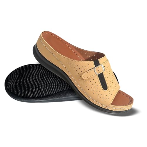 SUPTTING Damen Pantoletten Perforiert Metallschnalle Offene Zehen Flache Sohle Rutschfeste Gummisohle Leicht Bequem Freizeitschuhe Hausschuhe Strandschuhe Weich für Frauen Strand Freizeit von SUPTTING