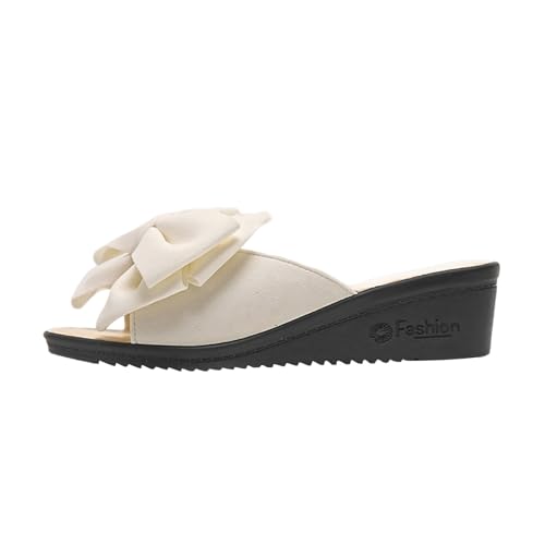 SUPTTING Damen Pantoletten Schleife Keilabsatz Offene Zehen Rutschfeste Gummisohle Leicht Bequem Freizeitschuhe Hausschuhe Strandschuhe Atmungsaktiv Weich für Frauen Strand Urlaub Freizeit von SUPTTING