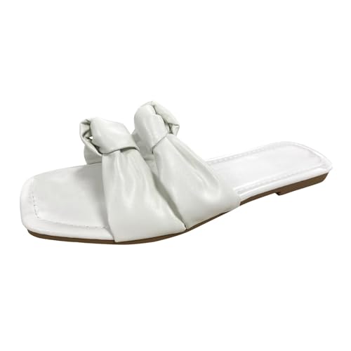 SUPTTING Damen Pantoletten Schleife Quadratische Zehenkappe Flache Freizeitschuhe Kunstleder Sandalen Schlupfschuhe Weiche Sohle Strandschuhe Leichte Sommersandalen Schuhe Fußbett Sandale von SUPTTING