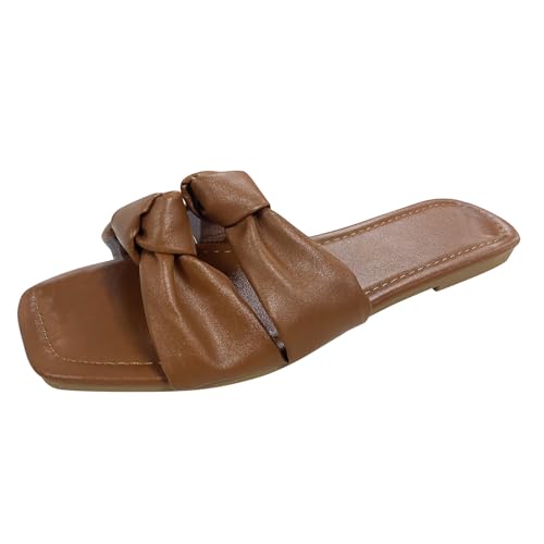 SUPTTING Damen Pantoletten Schleife Quadratische Zehenkappe Flache Freizeitschuhe Kunstleder Sandalen Schlupfschuhe Weiche Sohle Strandschuhe Leichte Sommersandalen Schuhe Fußbett Sandale von SUPTTING