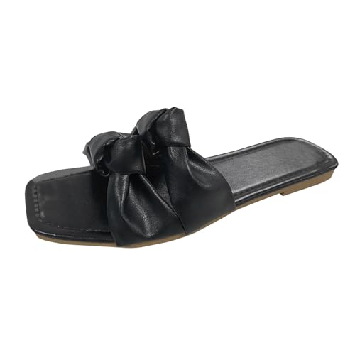 SUPTTING Damen Pantoletten Schleife Quadratische Zehenkappe Flache Freizeitschuhe Kunstleder Sandalen Schlupfschuhe Weiche Sohle Strandschuhe Leichte Sommersandalen Schuhe Fußbett Sandale von SUPTTING