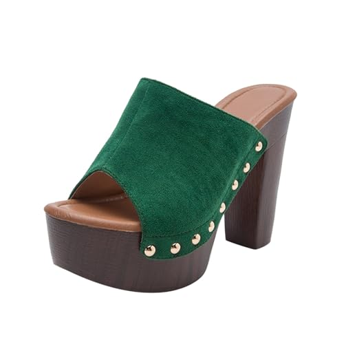 SUPTTING Damen Plateau Pantoletten Holz Absatz Sandaletten Nieten Hohe Sandalen Blockabsatz Mules Peeptoe Sommerschuhe Elegante Partyschuhe Abendschuhe Clubschuhe Bequeme Freizeitschuhe von SUPTTING