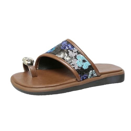 SUPTTING Damen Sandalen Pailletten Zehentrenner Metallschnalle Flache Sohle Komfortables Fußbett Freizeitschuhe Sommerschuhe Strandschuhe Gehschuhe Schuhe Elegant Sommer Schuhe Flip Flops von SUPTTING