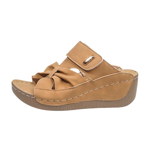 SUPTTING Damen Sandalen Schleife Metallplakette Plateausohle Rutschfeste Gummisohle Leicht Bequem Freizeitsandalen Atmungsaktiv Weich Sommerschuhe Keilabsatz für Frauen Strand Freizeit Büro von SUPTTING