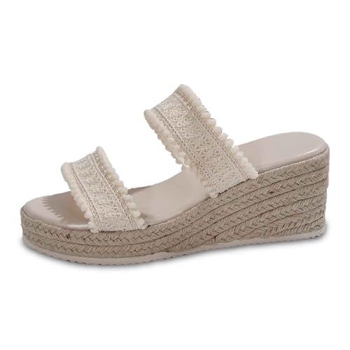 SUPTTING Damen Sandalen mit Keilabsatz Keilsandalen mit Espadrilles Sohle Pantoletten Zweiriemig Pompom Sommerschuhe Strandschuhe Plateausandalen Bohemian Elegant für Sommer und Strand von SUPTTING