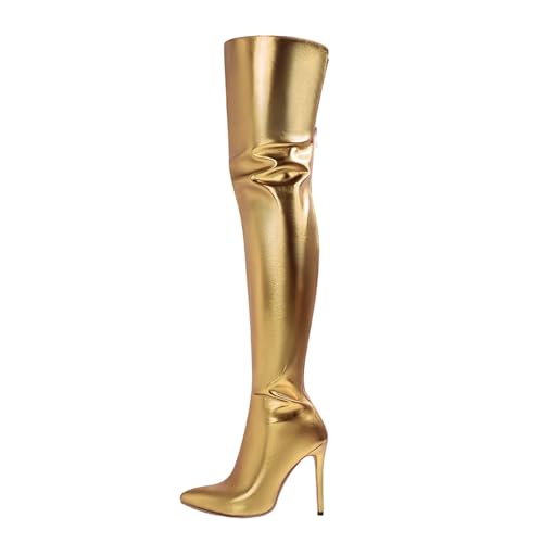 SUPTTING Damen Stiefel Extravagant Auffällig Hoher Absatz, Reißverschluss Overknee Glamourös Disco Metallic-Look, Plateau Go-Go-Boot Winter für Silvesterparty von SUPTTING