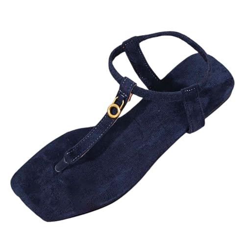 SUPTTING Damen Zehentrenner Sandalen Denim Stoff T-Riemen Metallring Verzierung Flach Sommerschuhe Freizeitschuhe Strandschuhe Bequem Rutschfest Atmungsaktiv Strapazierfähig Alltag Urlaub von SUPTTING