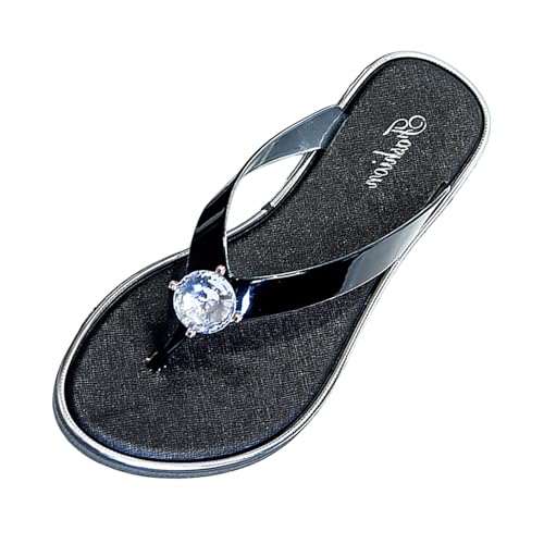 SUPTTING Damen Zehentrenner mit Strass Metallische Riemen Flache Freizeitschuhe Bequeme Schlupfschuhe Weiche Sohle Strandschuhe Leichte Laufsohle Sommersandalen Schuhe Fußbett Sandale von SUPTTING